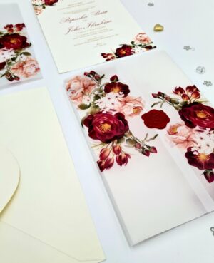 Peach and burgundy floral translucent wrap invitation