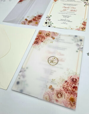 Pink floral translucent wedding invitations