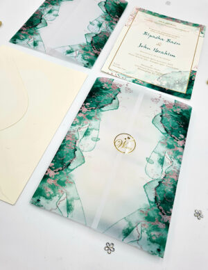Teal invitations with vellum overlay
