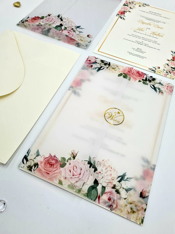 wedding invites with floral printed vellum overlay