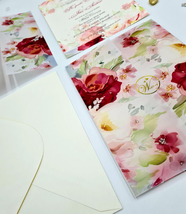 Flower printed vellum wedding invitation jackets