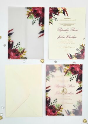 ABC 1098 Burgundy Floral Translucent Vellum Wrap Overlay A5 Invitation-6812