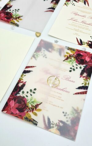 ABC 1098 Burgundy Floral Translucent Vellum Wrap Overlay A5 Invitation-6813