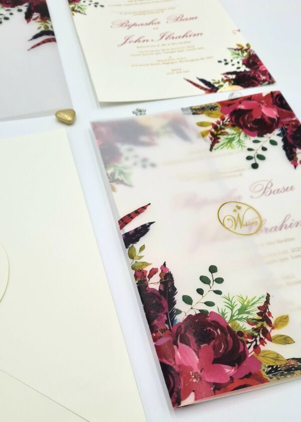 ABC 1098 Burgundy Floral Translucent Vellum Wrap Overlay A5 Invitation-6814