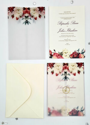 ABC 1099 Blush Pink & maroon Floral Translucent Vellum Wrap Overlay A5 Invitation-6816