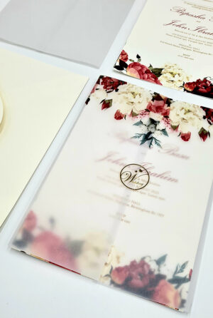 ABC 1099 Blush Pink & maroon Floral Translucent Vellum Wrap Overlay A5 Invitation-6817