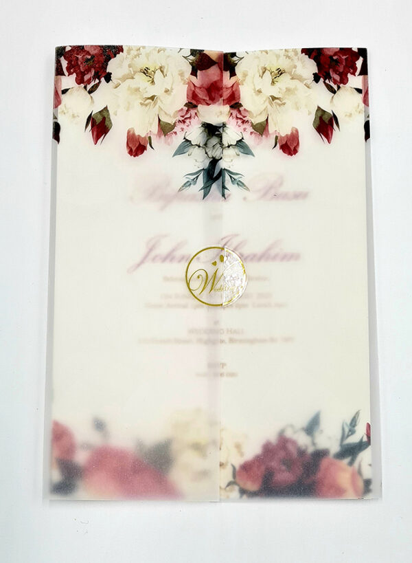 ABC 1099 Blush Pink & maroon Floral Translucent Vellum Wrap Overlay A5 Invitation-0