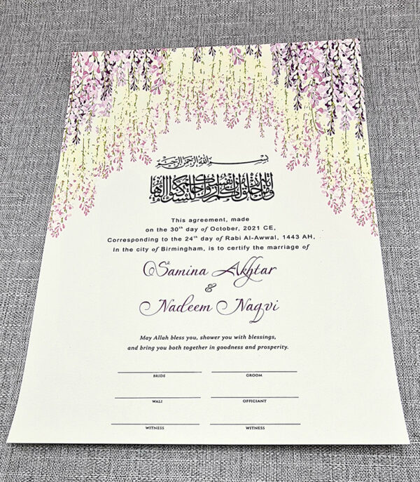 Tailor made muslim marriage license with lavender flowers