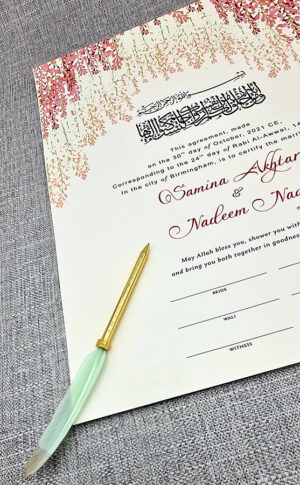 muslim marriage certificate with hanging red floral vines