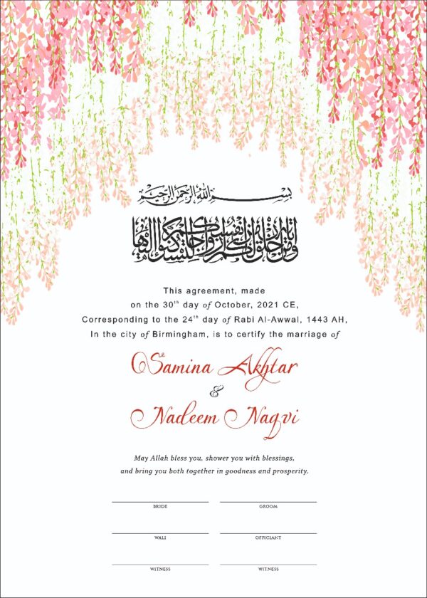 hanging Florals customized nikah nama for muslim weddings