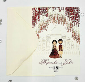 Pakistani wedding card with caricature couple