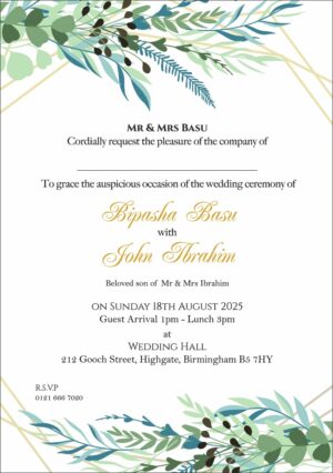 Green and turquoise floral Hindu Caricature invitation card