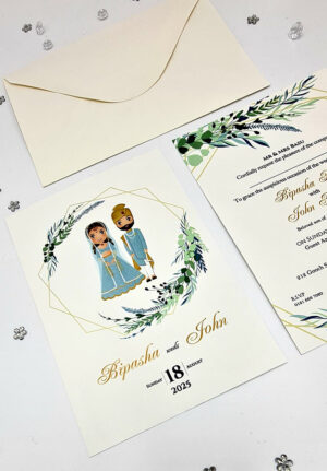 Bride and groom cartoon Indian marriage invitation card