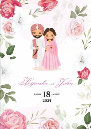 Red and Pink roses Indian Caricature Engagement invitation