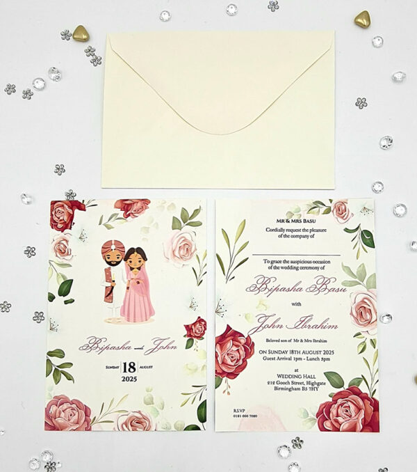 Double sided Bride and groom illustration invitation in pink