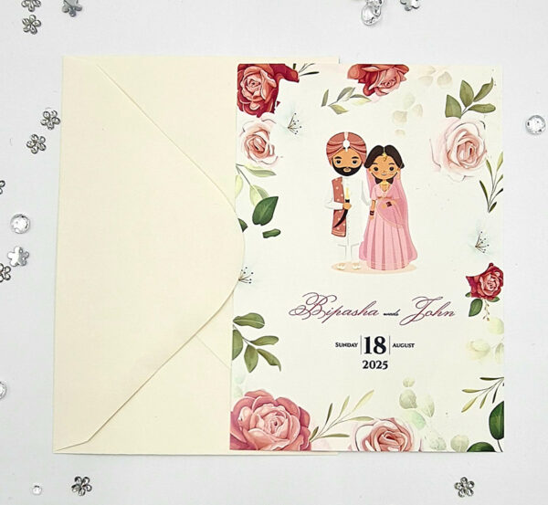 Indian Hindu wedding invitation card with red and pink roses