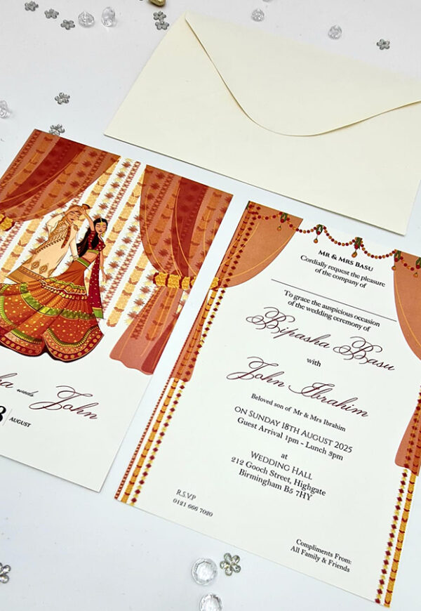 Traditional Hindu Indian wedding invitation with caricature