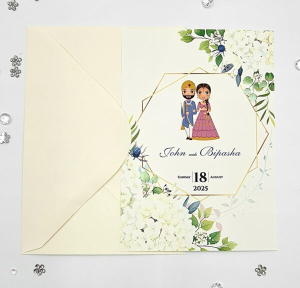 wedding invitation cards online India with Punjabi couple caricature