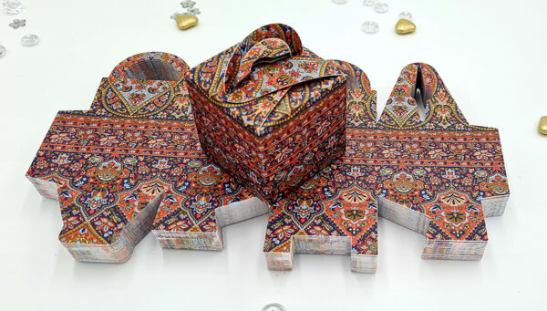 Flat pack favour boxes with arabesque overprint