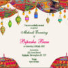 Vibrant coloured umbreallas and lamps Mehndi invitation