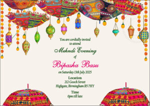 Vibrant coloured umbreallas and lamps Mehndi invitation