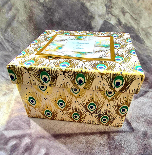 Personalised Peacock print Box Invitation with space for Sweets & Mithai 1401-7144