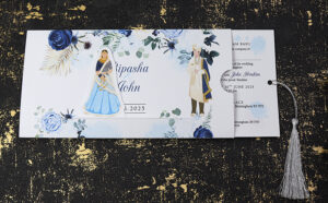 ABC 1191 Sliding Bride & Groom Blue Floral Invitation-8834
