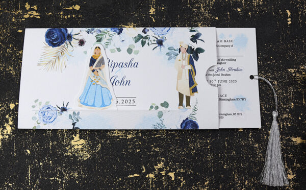 ABC 1191 Sliding Bride & Groom Blue Floral Invitation-8834