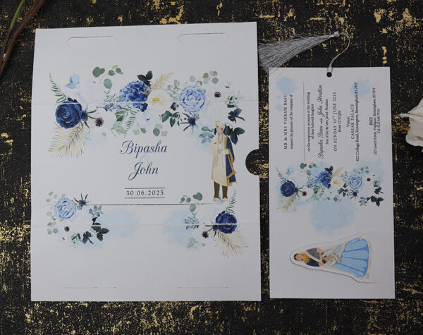 ABC 1191 Sliding Bride & Groom Blue Floral Invitation-8837