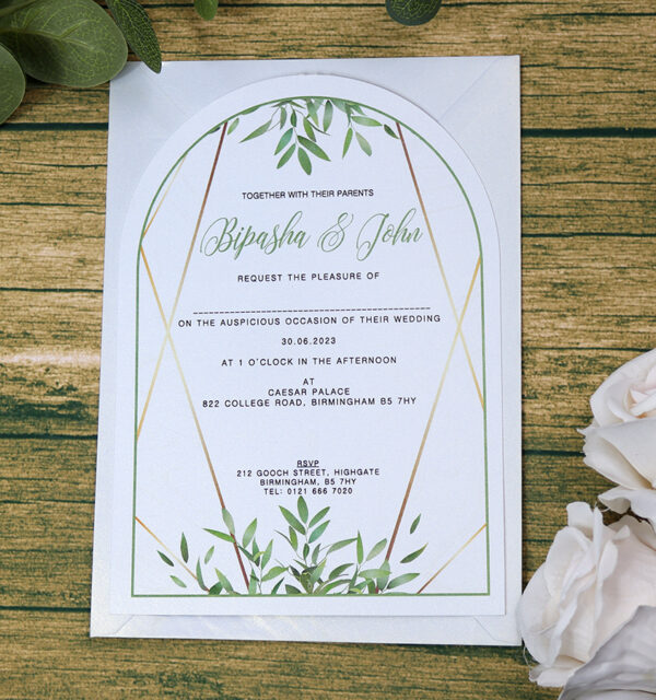 White Arch Green Leaf Floral A5 Invitation ABC 1210-0