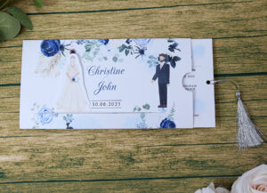 ABC 1193 Sliding Bride & Groom Blue Floral Invitation-8877