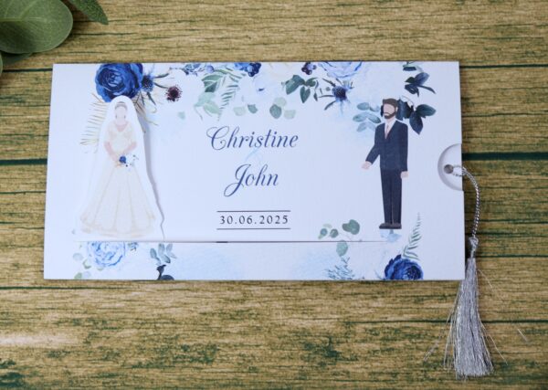 ABC 1193 Sliding Bride & Groom Blue Floral Invitation-8878
