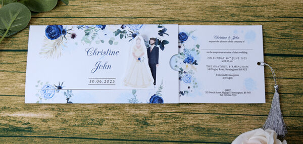 ABC 1193 Sliding Bride & Groom Blue Floral Invitation-8879