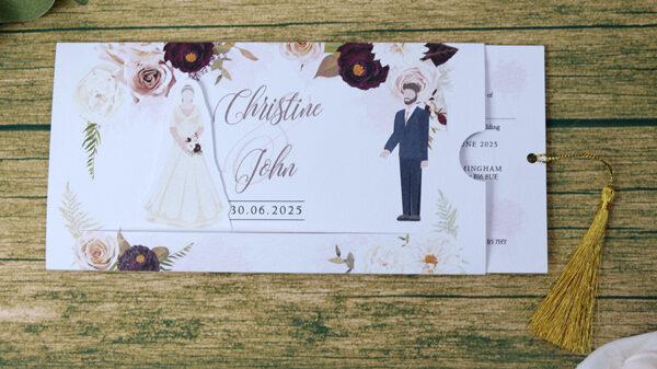 ABC 1194 Sliding Bride & Groom Maroon Floral Invitation-8889